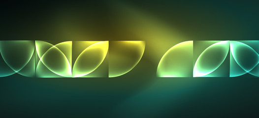 Techno glowing glass geometric shapes vector background, futuristic dark template with neon light effects and simple forms