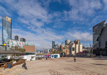 Beautiful view of Federation Square in the city center of Melbourne, Australia, on a sunny day