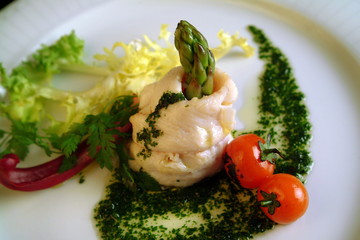 Italian food recipes, trout with asparagus and parsley sauce