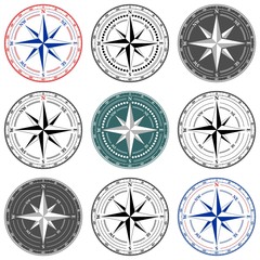 Dial Compass Set with Windrose. 9 vector illustrations