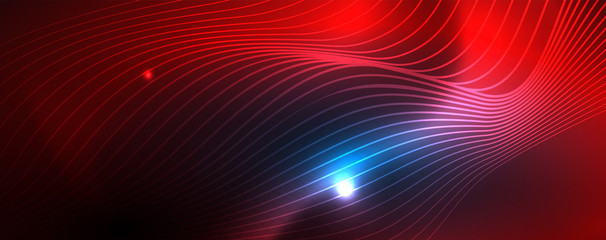 Smooth wave lines on blue neon color light background. Glowing abstract wave on dark, shiny motion, magic space light