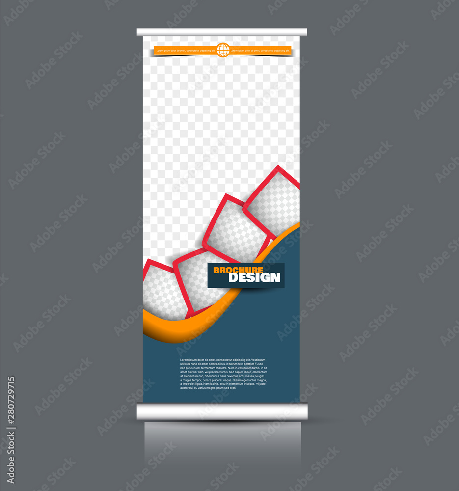 Wall mural Roll up banner design. Vertical narrow flyer template. Advertising panel layout. Orange, red, and blue vector illustration.