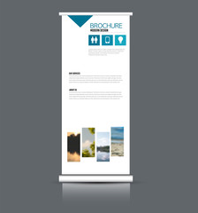 Roll up stand template. Vectical banner layout design for advertisement, presentation, business, education. Blue color. Vector illustration.
