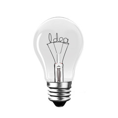 Light bulb with Idea word wire shape, isolated on white background, front view, 3D rendering.