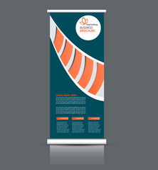 Roll up stand design. Vertical banner template. Vector illustration. Orange and blue color.