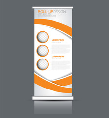 Roll up stand design. Vertical banner template. Vector illustration. Orange color.