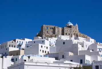 Greece, the island of Astypaleia.   A view of the old town, the Hora, and the Querini castle. Old churches at the hill top.