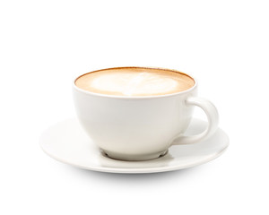 White cup of coffee cappuccino isolated on white background with clipping path.