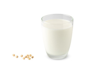 Glass of Soy milk with soybeans isolated on white background.