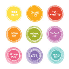 Set of doodle curled round frames colrful hand drawn logo set with the place for text, isolated on a wite background, vector illustration