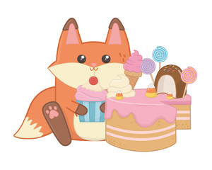 Kawaii of fox cartoon with cake design
