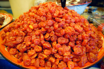 Healthy food: mix from dried fruits in bowl, selective focus