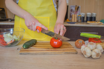 woman hands cutting vegetables on kitchen blackboard. Healthy food. Woman preparing vegetables