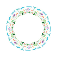 Vector beautiful wreath with flowers, leaves and cartoon style clouds with water drops. Design for invitation, wedding, stickers, posters, greeting cards