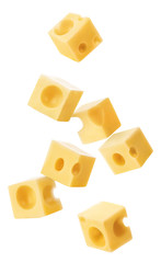 Falling cubic pieces of delicious cheese, isolated on white background