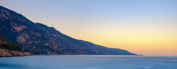 Oludeniz, Turkey. Panorama of the Mediterranean Sea at dawn in the sun.