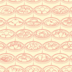 Seamless vector pattern with Asian food Dim Sum. Hand drawn Yang cha illustration. - obrazy, fototapety, plakaty