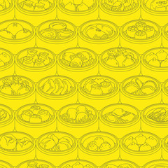 Seamless vector pattern with Asian food Dim Sum. Hand drawn Yang cha illustration.