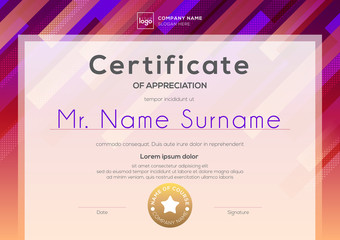 Modern Certificate template with red pink background. Certificate of appreciation, award diploma design template. Vector illustration