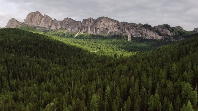 Forest and mountain range in the Dolomites Italy