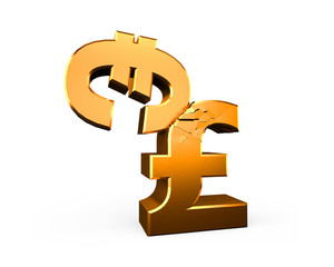 Brexit issue. Two golden currency symbols fighting, Euro hitting pound smashed, isolated on white background. 3D illustration.