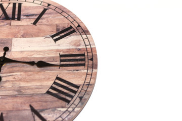 Wooden Clock on Left with White Copy Space