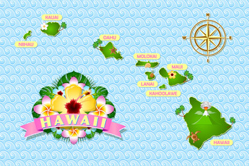 Rough and not detailed Hawaiian islands on the waves of Pacific ocean with traditional folk floral decoration sign.