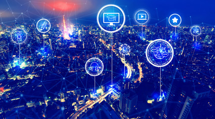 E-Learning with aerial view of Tokyo, Japan at night