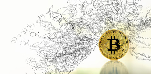 Confused concept with gold bitcoin cryptocurrency coin
