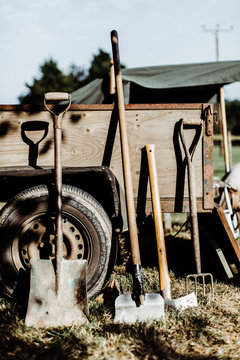 tools on a trailer in a filed