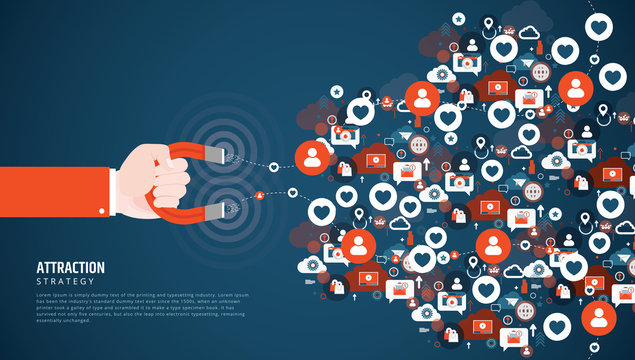 Isometric Hand holding a magnet attracting social media icons