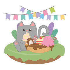 Kawaii cat with happy birthday cake design
