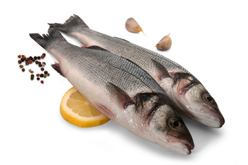 Sea bass fish with spices on a white background