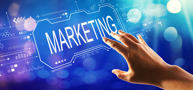 Marketing concept with hand pressing a button on a technology screen