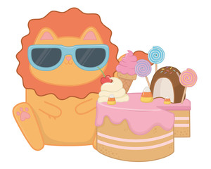Kawaii of lion cartoon with cake design