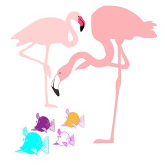Flamingo and fish, cartoon character, vector drawing