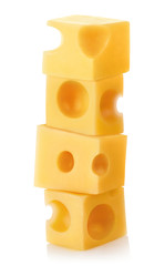 Small cubes of delicious cheese, isolated on white background