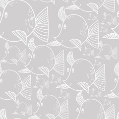 Fish, silhouette, linear drawing, seamless pattern, vector illustration