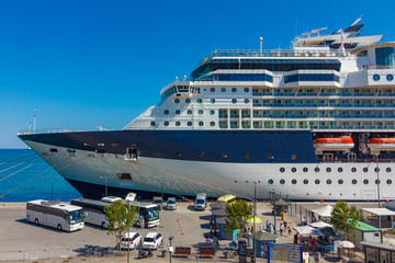 A large luxury cruise liner moored in the port of the Adriatic Sea, is waiting for passengers....