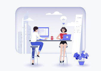 Business meeting and brainstorming. Concept for teamwork. Internet assistant at work. promotion in the network. manager for remote work. Vector illustration.