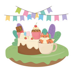 Kawaii fox with happy birthday cake design