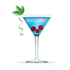 Cold blue cocktail with red berries on a white background.