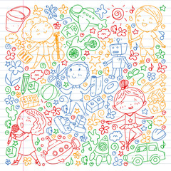 Fototapeta premium Painted by hand style pattern on the theme of childhood. Vector illustration for children design. Drawing on exercise notebook in colorful style.