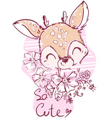 Hand drawn cute deer and flowers