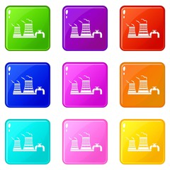 Tower of chemical factory icons set 9 color collection isolated on white for any design
