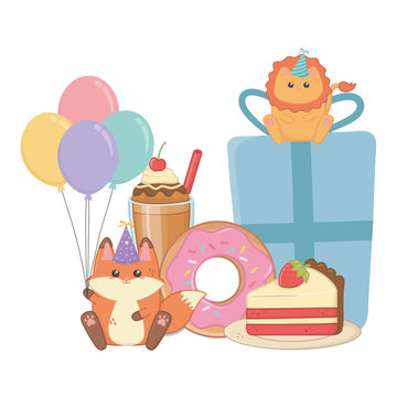 Lion and fox in happy birthday celebration