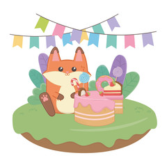 Kawaii fox with happy birthday cake design