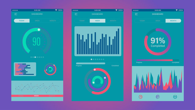 Admin Dashboard UI mobile app. Mobile app infographic template with daily, weekly and monthly statistics graphs. Concept mobile app for IT system and network admin web design, UI elements. 