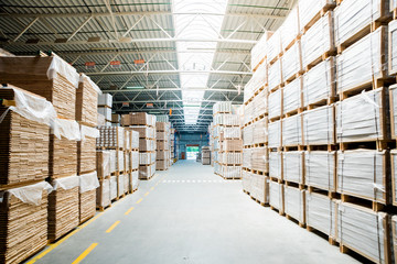 Warehouse industrial company. Commercial warehouse. Crates stacked on the shelves.