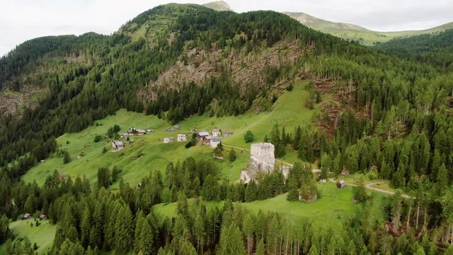 Fallen trees around Andraz castle after the heavy storms in the Dolomites in 2018 Italy